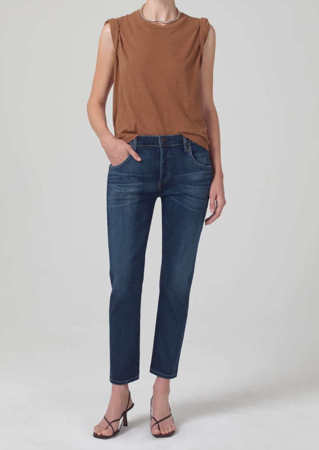 model wearing citizens of humanity emerson slim fit boyfriend jean in blue rose, front