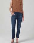 model wearing citizens of humanity emerson slim fit boyfriend jean in blue rose, front