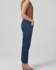 model wearing citizens of humanity emerson slim fit boyfriend jean in blue rose, right
