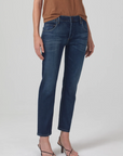 model wearing citizens of humanity emerson slim fit boyfriend jean in blue rose, side