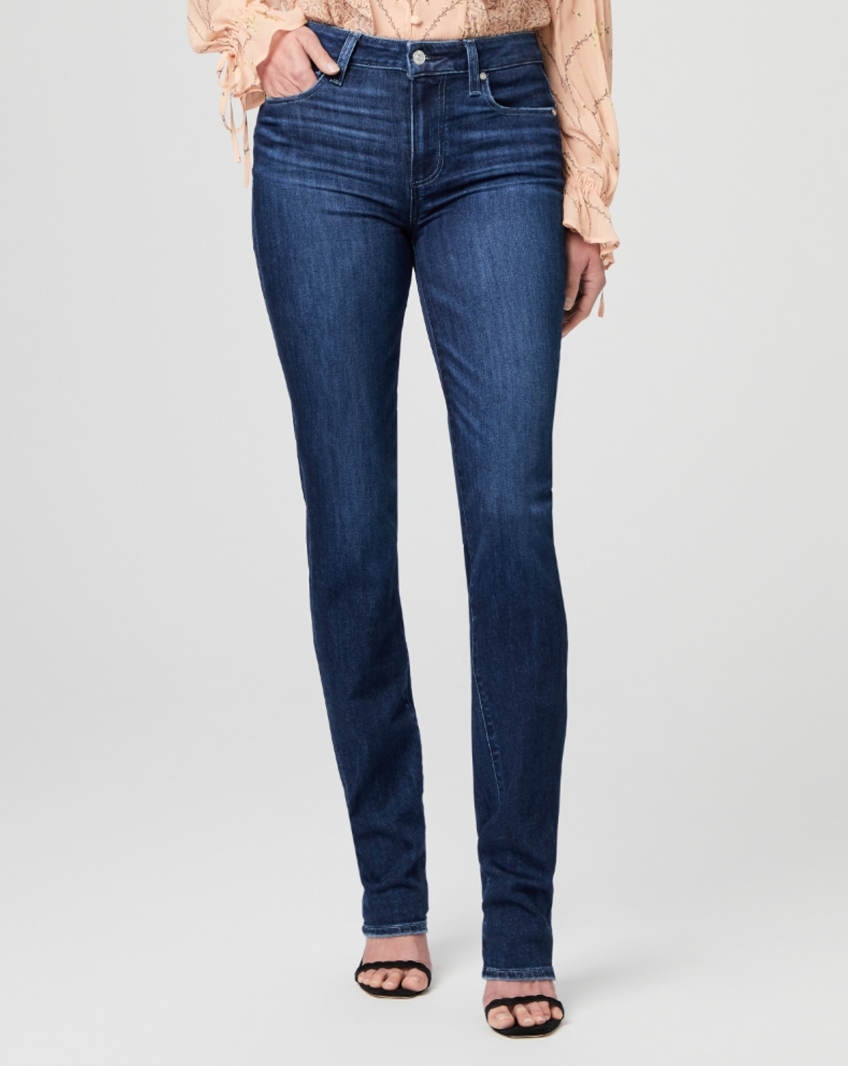 waist down view of the hoxton high rise straight jean from Paige, in monarch blue