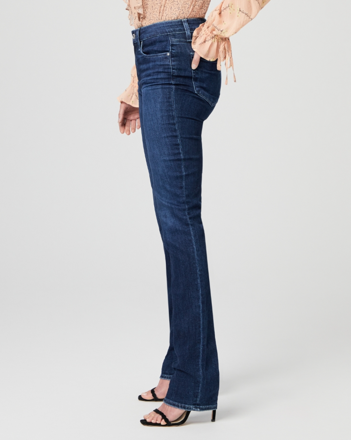waist down side view of the hoxton high rise straight jean from Paige, in monarch blue