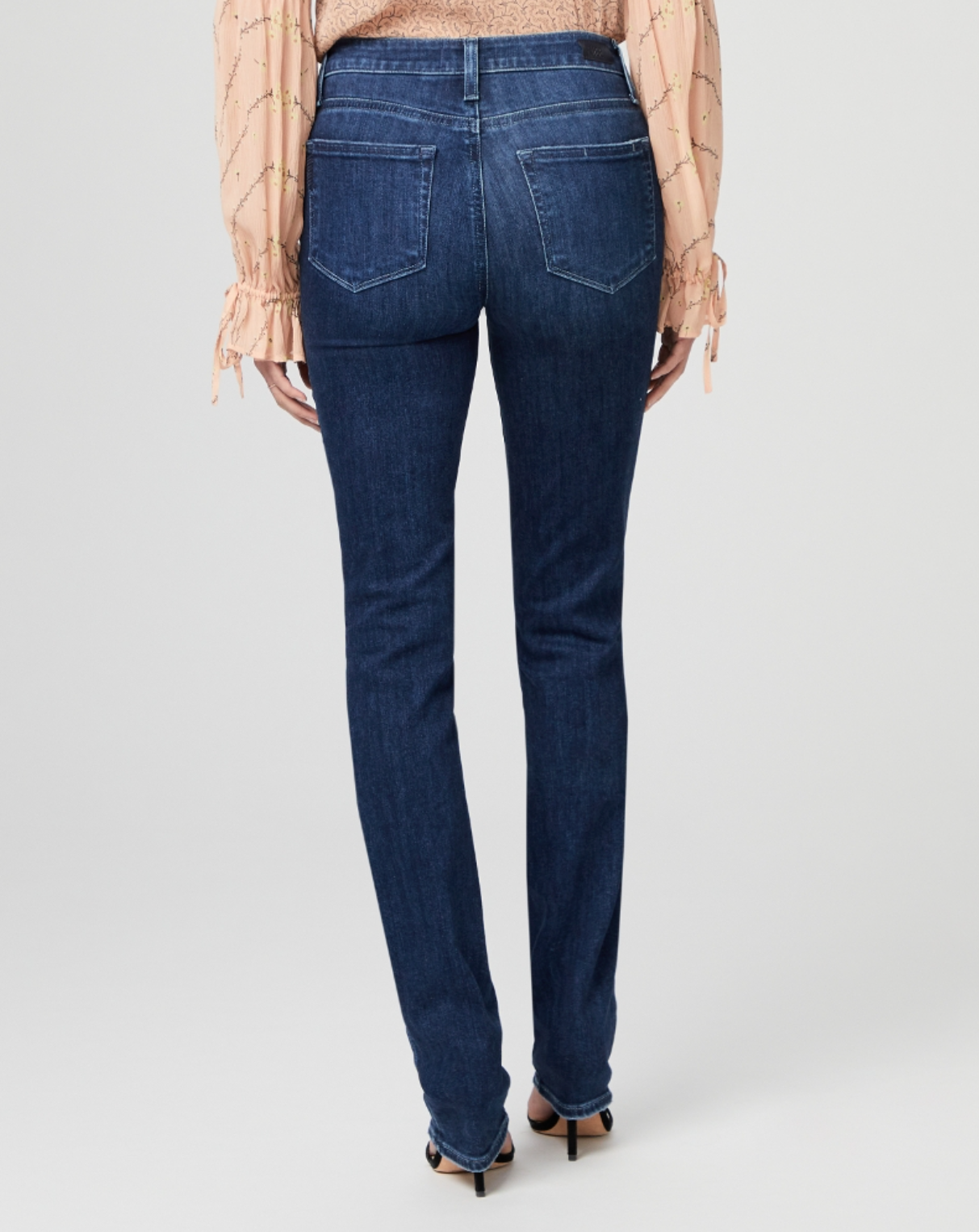 waist down rear view of the hoxton high rise straight jean from Paige, in monarch blue
