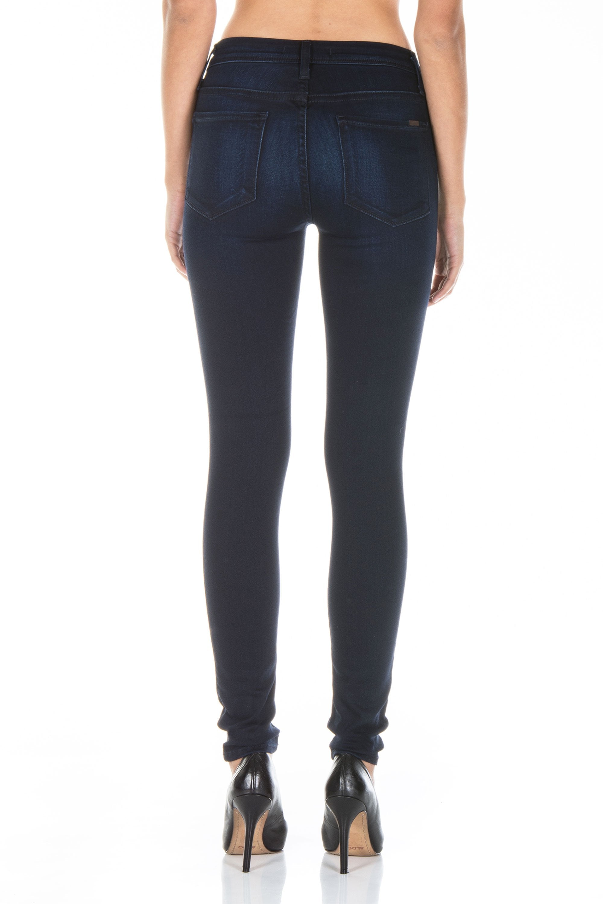 model wearing fidelity denim gwen high rise skinny jean in falcon blue, shown from the rear