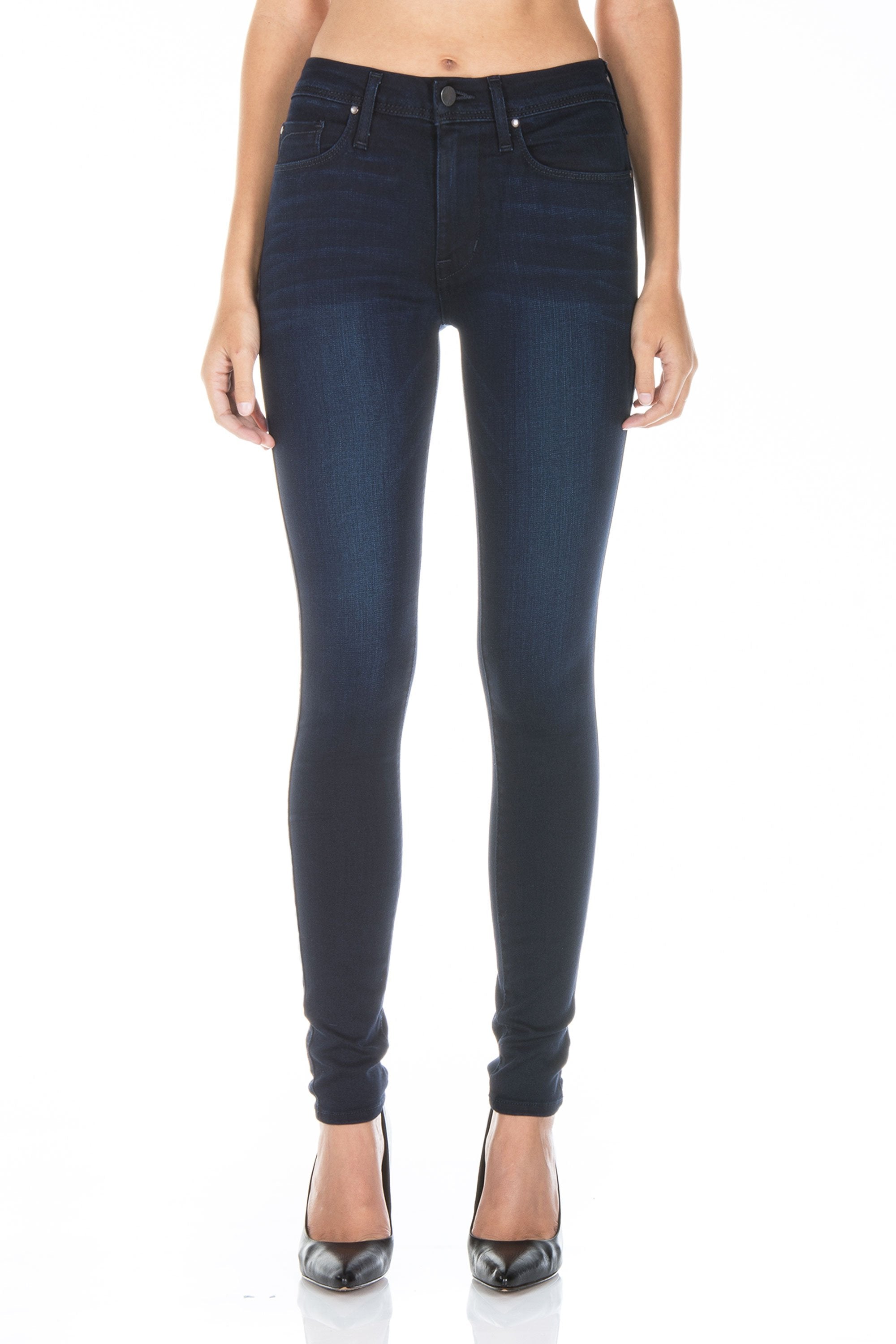 model wearing fidelity denim gwen high rise skinny jean in falcon blue, shown from the waist down
