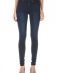 model wearing fidelity denim gwen high rise skinny jean in falcon blue, shown from the waist down