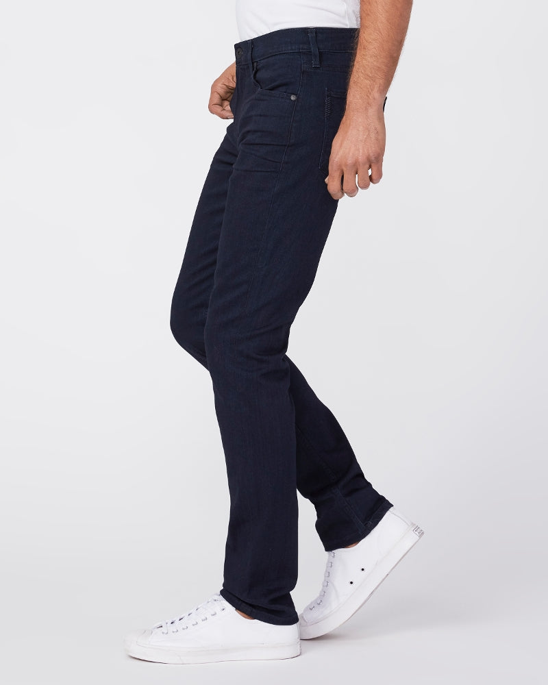 waist down side view of the lennox skinny fit jean from paige in inkwell dark blue