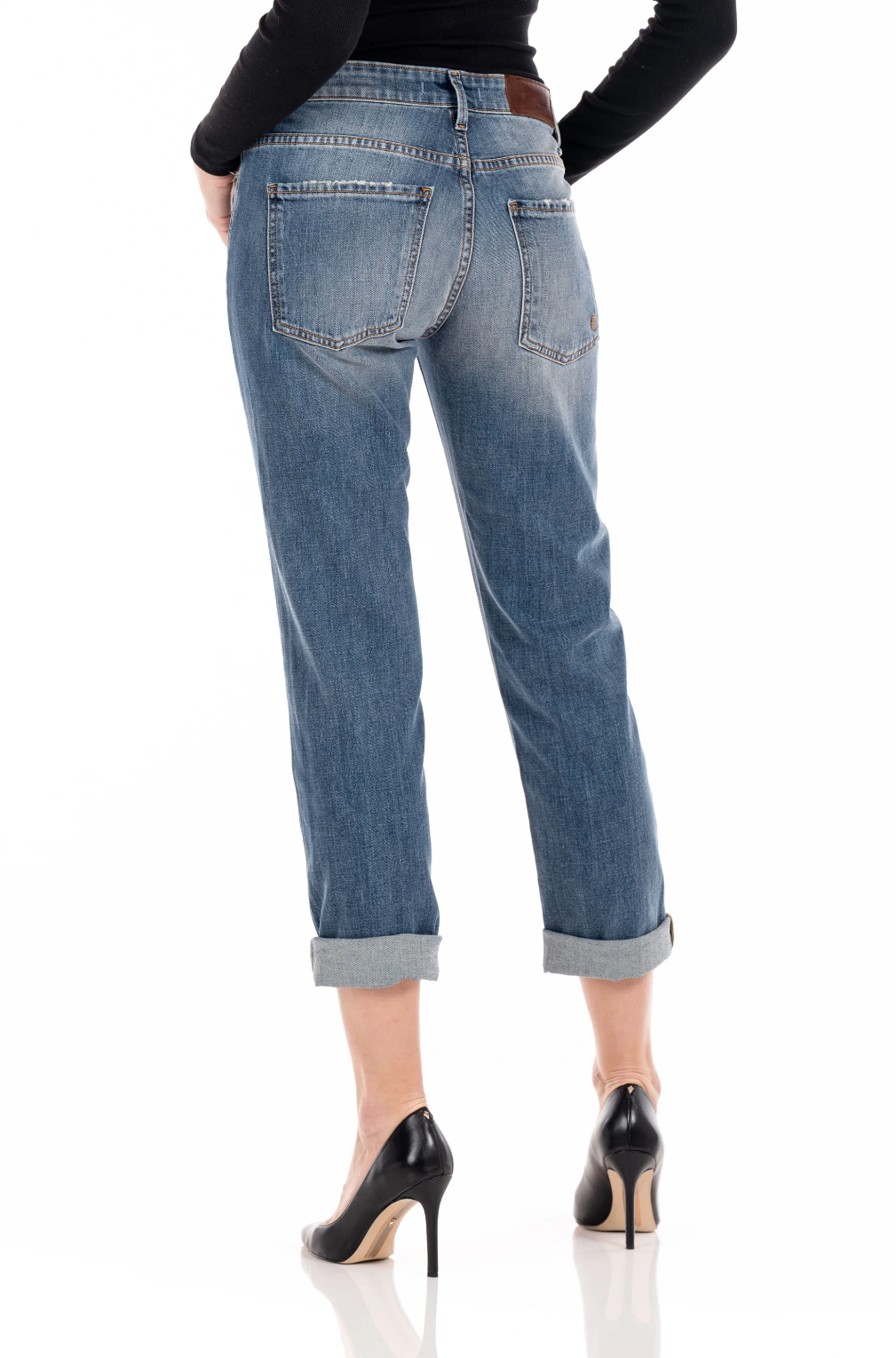 model wearing fidelity denim axl girlfriend fit in lagoon blue, rear