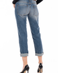 model wearing fidelity denim axl girlfriend fit in lagoon blue, rear