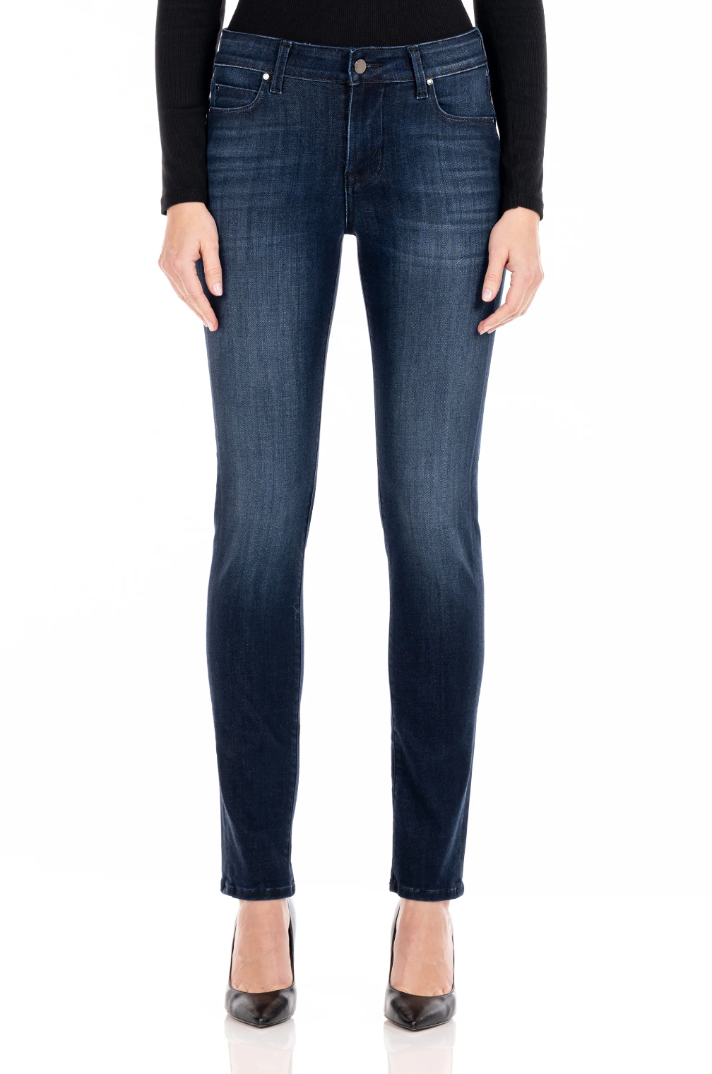 model wearing fidelity denim stevie mid rise slim jean in richmond blue, shown from the waist down