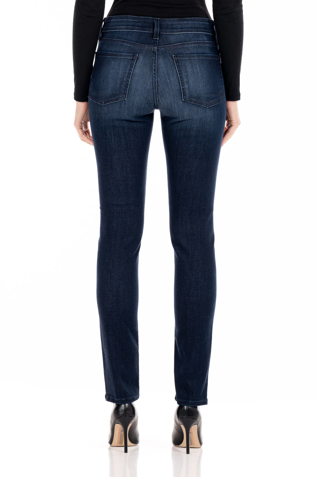 model wearing fidelity denim stevie mid rise slim jean in richmond blue, shown from the rear