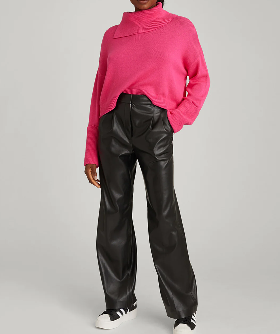 LILY SPLIT TURTLENECK SWEATER, FULL BODY VIEW STYLED WITH LEATHER PANTS