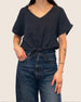 LINEN TIE FRONT POPOVER SHORT SLEEVE BLOUSE