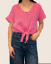 LINEN TIE FRONT POPOVER SHORT SLEEVE BLOUSE