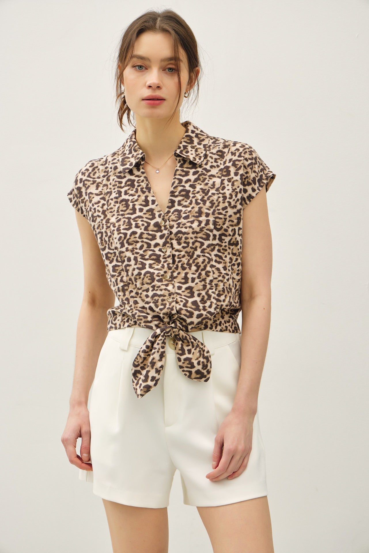 LEOPARD PRINT CAP SLEEVE TIE FRONT BLOUSE