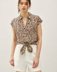 LEOPARD PRINT CAP SLEEVE TIE FRONT BLOUSE