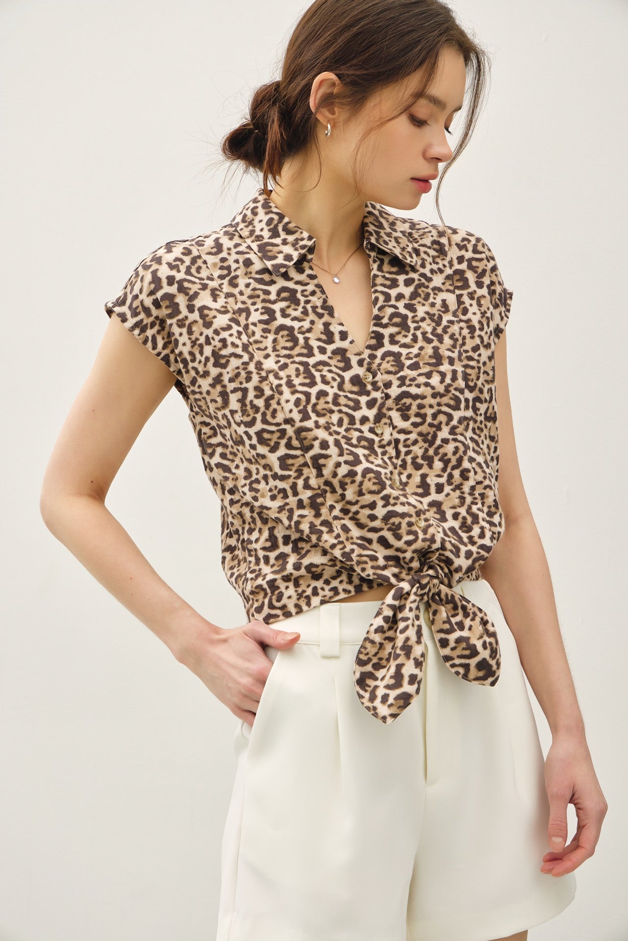 LEOPARD PRINT CAP SLEEVE TIE FRONT BLOUSE