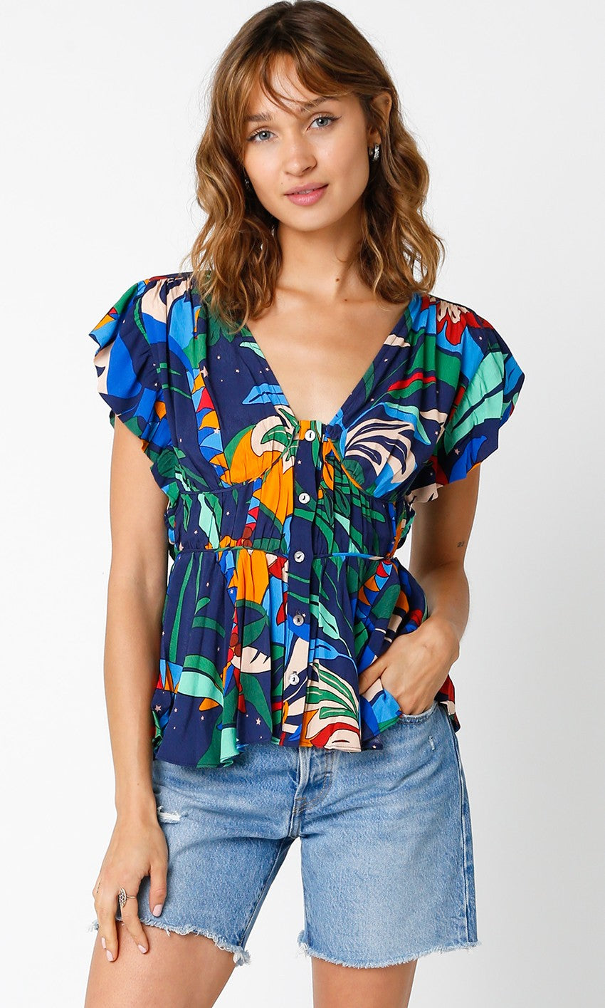 TROPICAL NIGHTS PLEATED RUFFLE BLOUSE