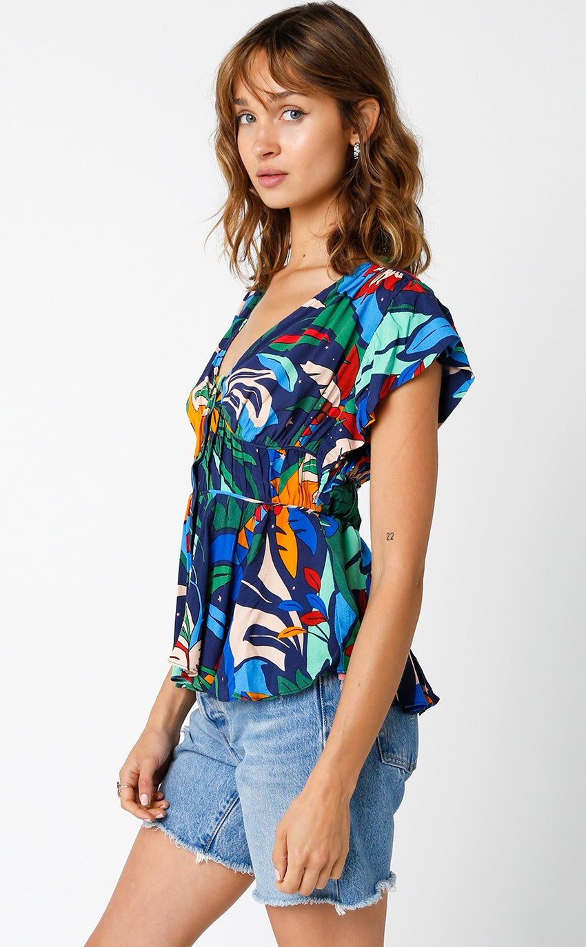 TROPICAL NIGHTS PLEATED RUFFLE BLOUSE
