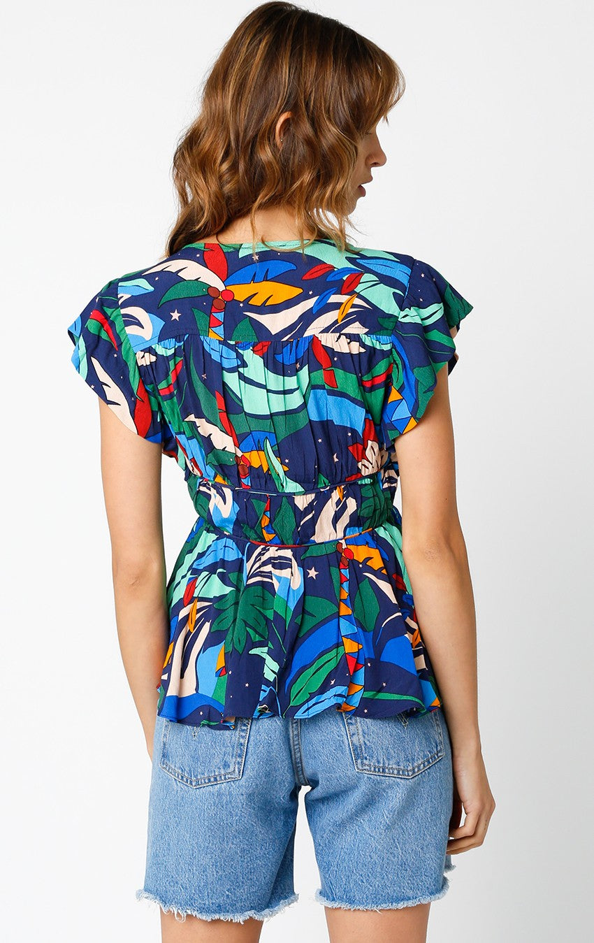 TROPICAL NIGHTS PLEATED RUFFLE BLOUSE