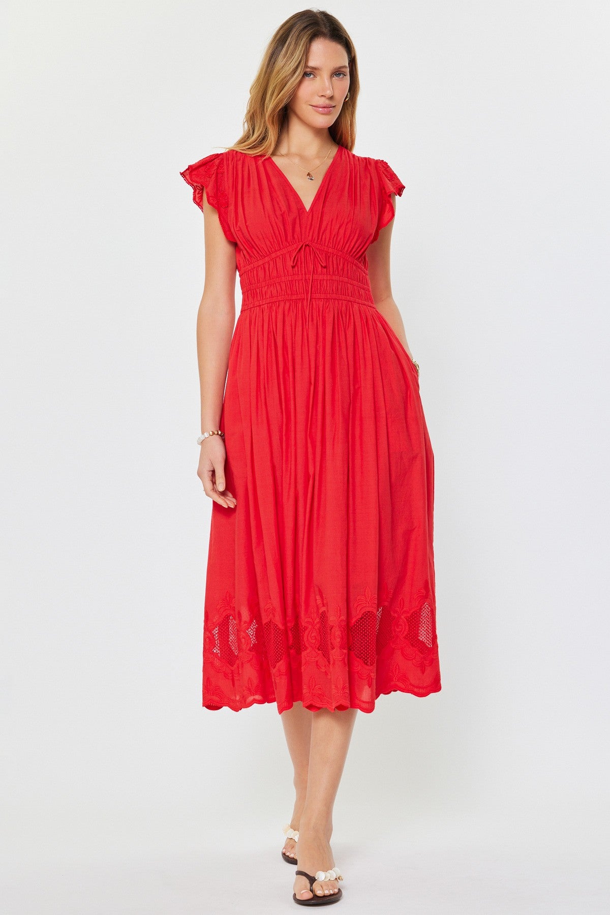 EMBROIDERED V-NECK SMOCKED WAIST DRESS