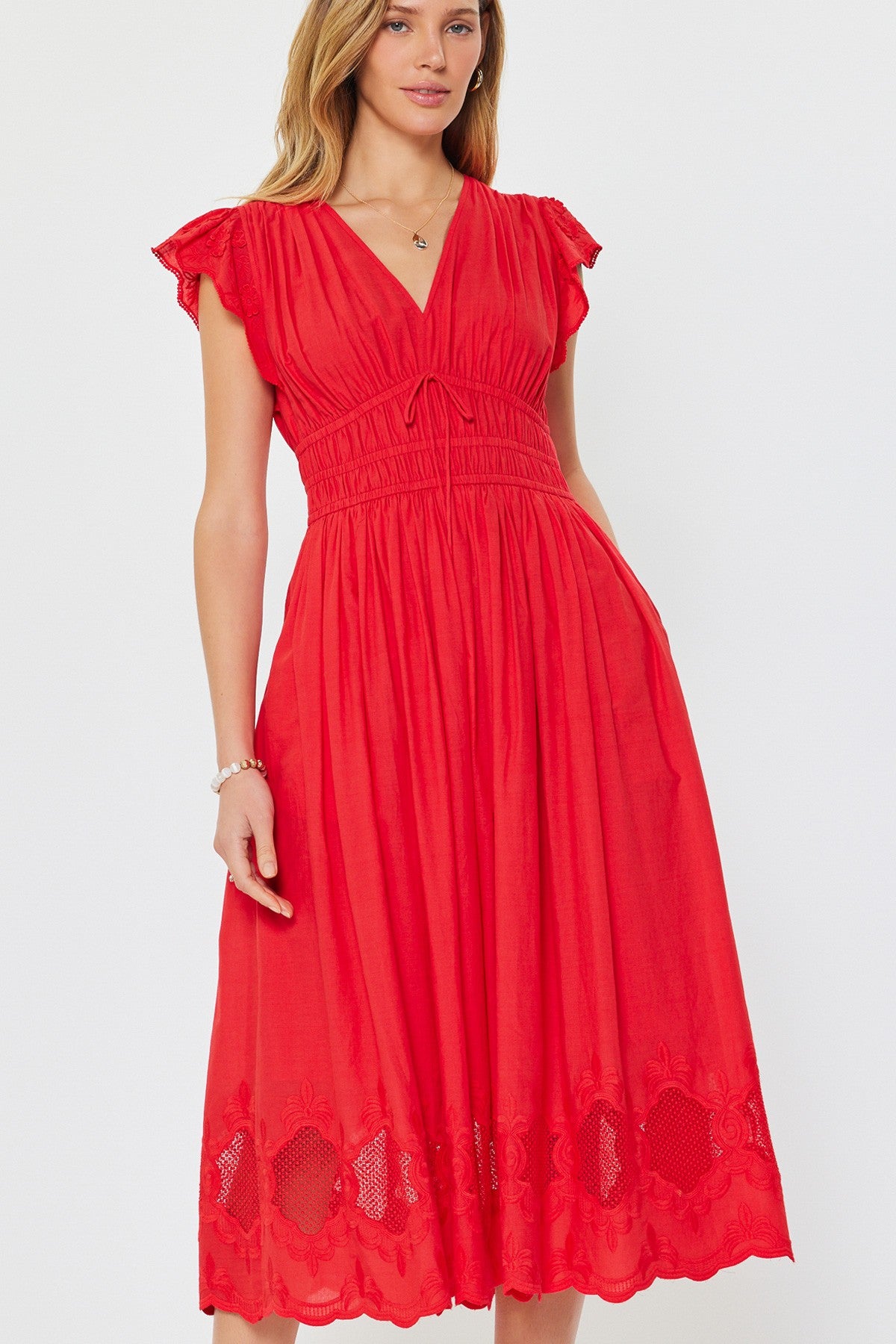 EMBROIDERED V-NECK SMOCKED WAIST DRESS