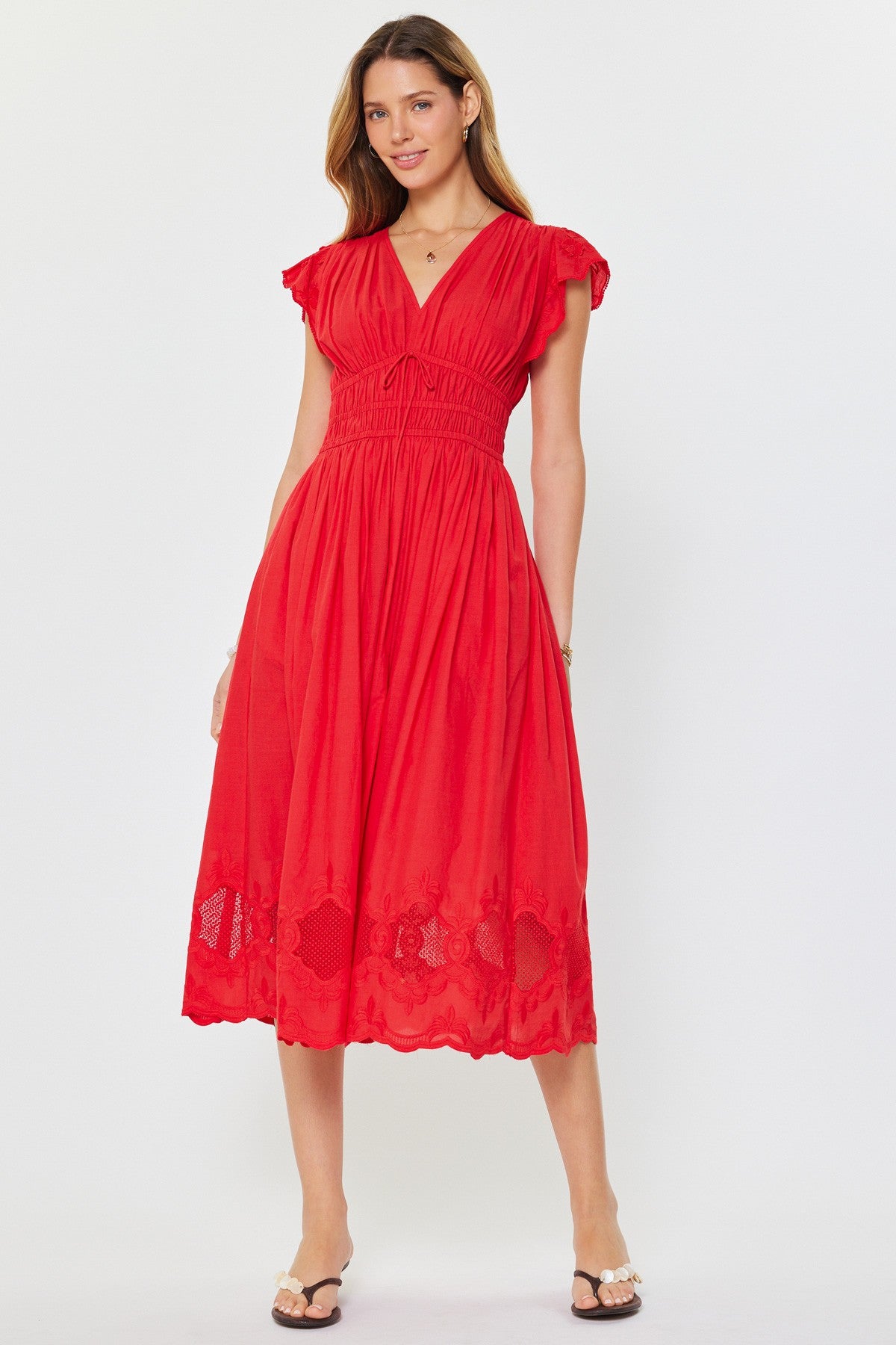 EMBROIDERED V-NECK SMOCKED WAIST DRESS