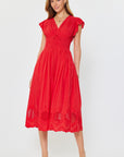 EMBROIDERED V-NECK SMOCKED WAIST DRESS