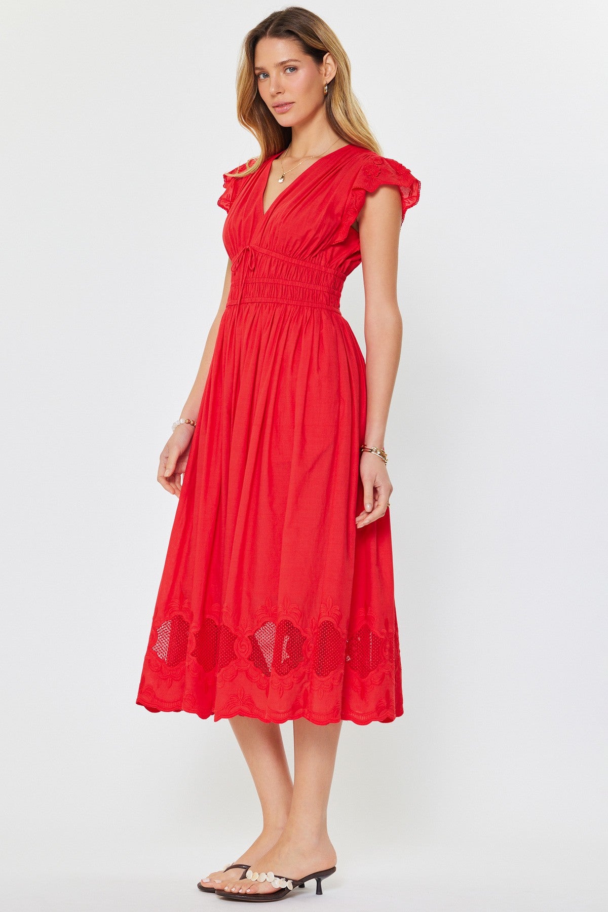 EMBROIDERED V-NECK SMOCKED WAIST DRESS