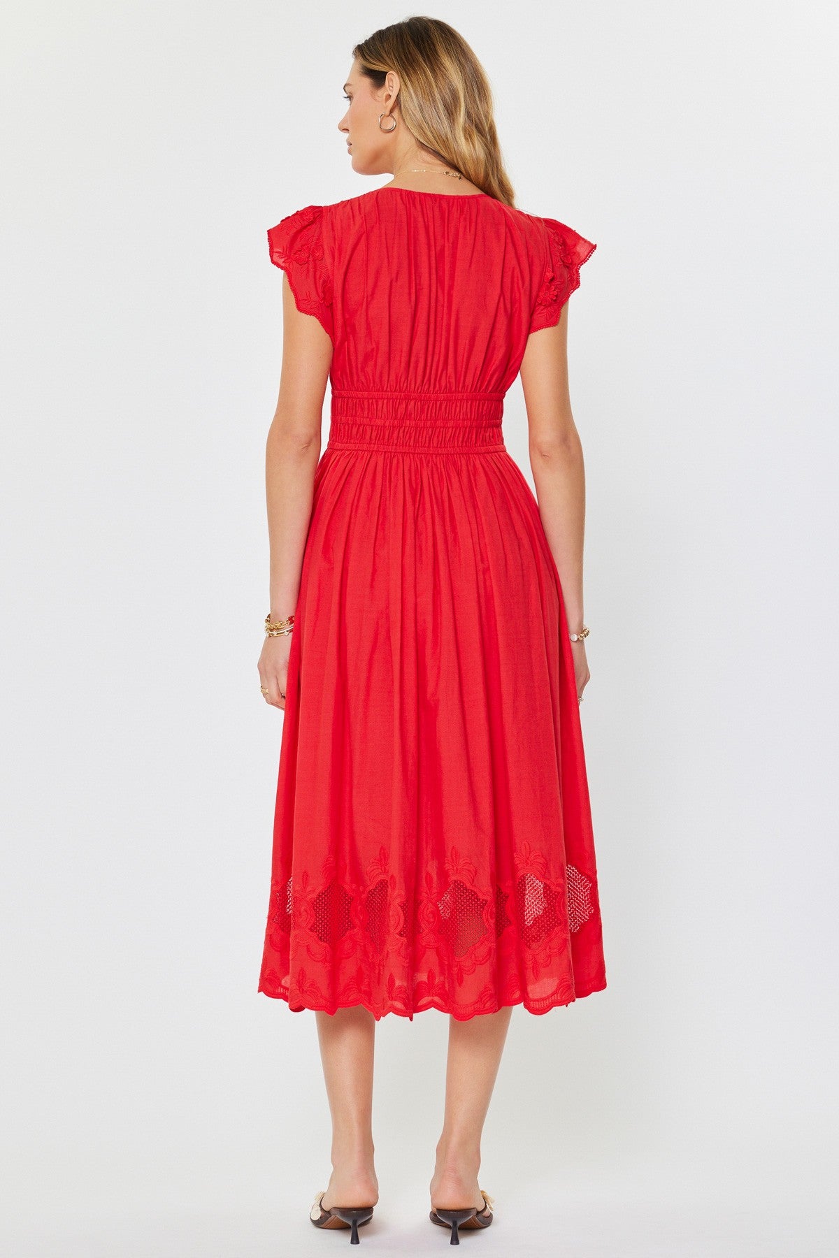 EMBROIDERED V-NECK SMOCKED WAIST DRESS