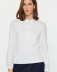 LACE TRIM MIXED MEDIA POLO COLLAR TOP
