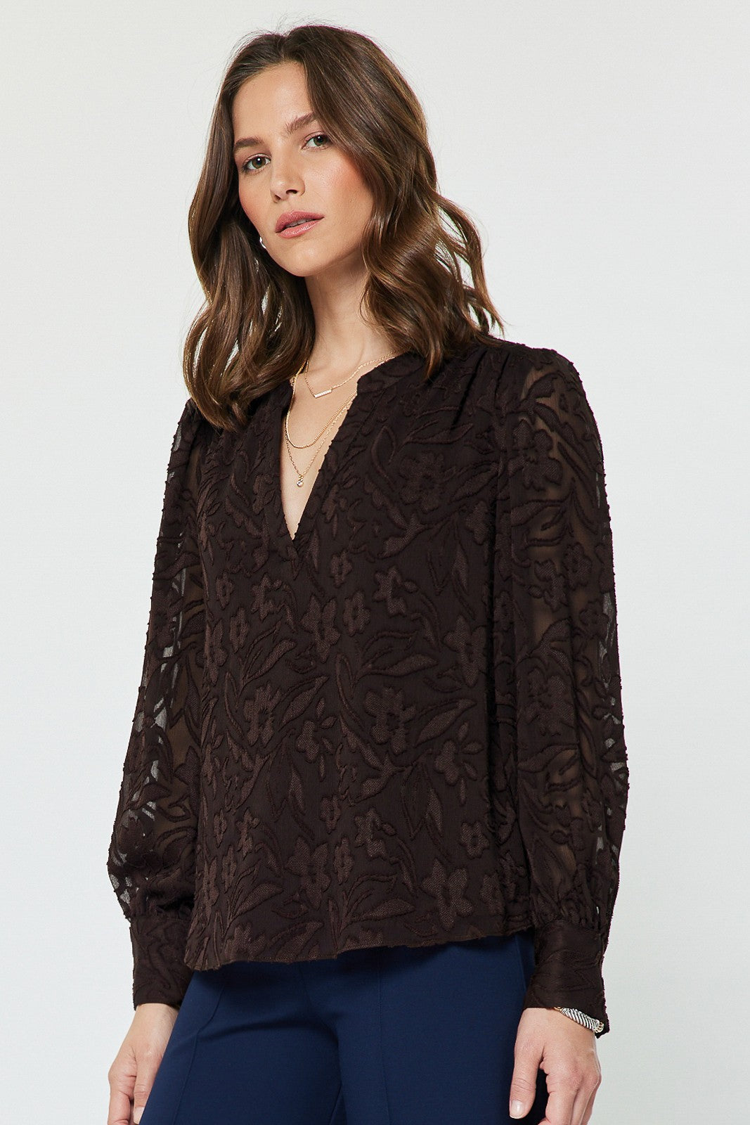 FLORAL JACQUARD SPLIT NECK BLOUSE