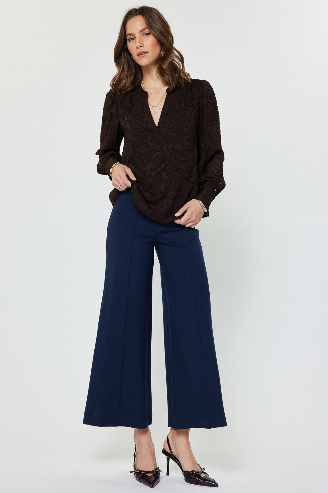 FLORAL JACQUARD SPLIT NECK BLOUSE