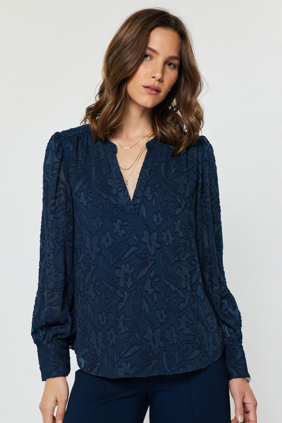 FLORAL JACQUARD SPLIT NECK BLOUSE