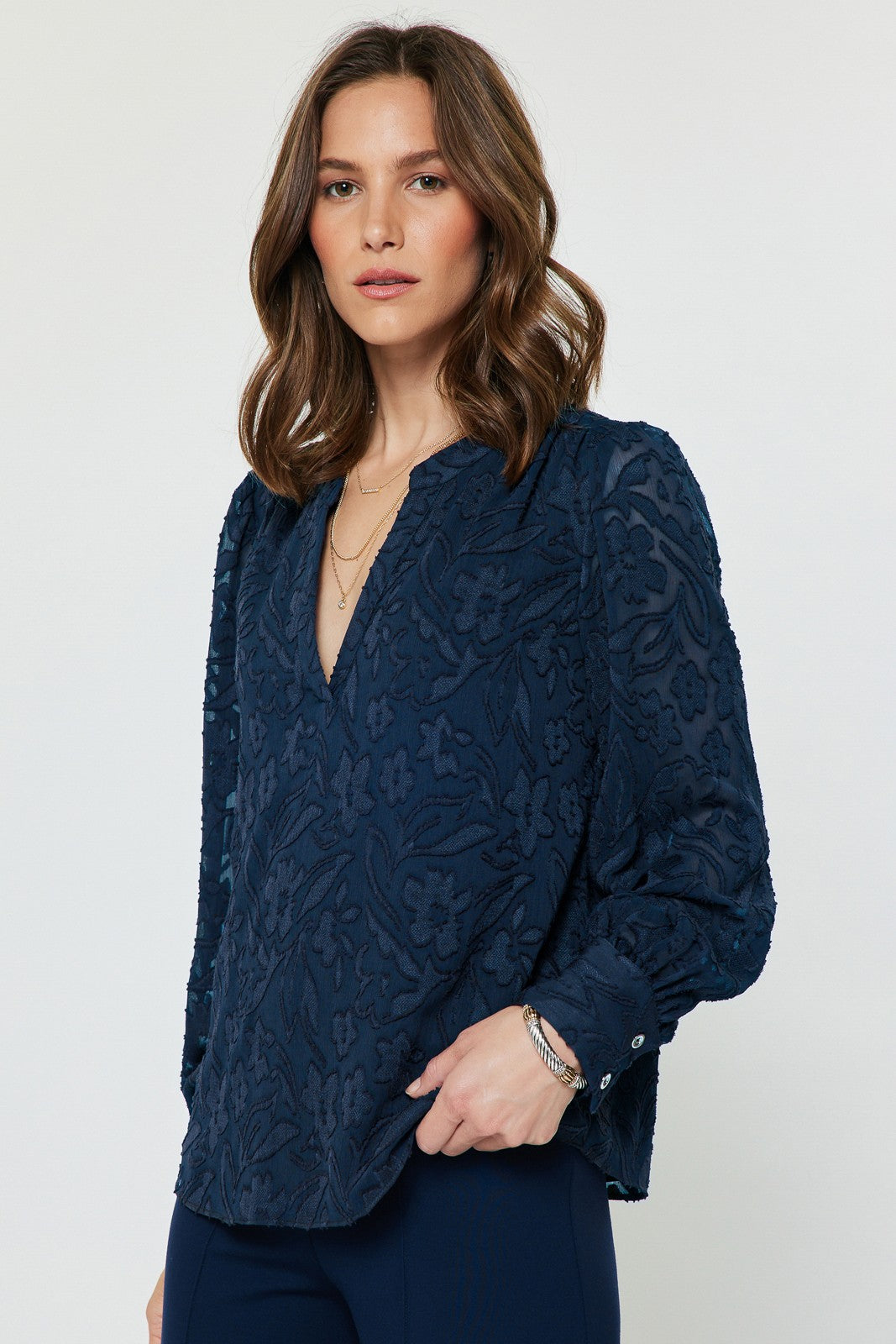 FLORAL JACQUARD SPLIT NECK BLOUSE