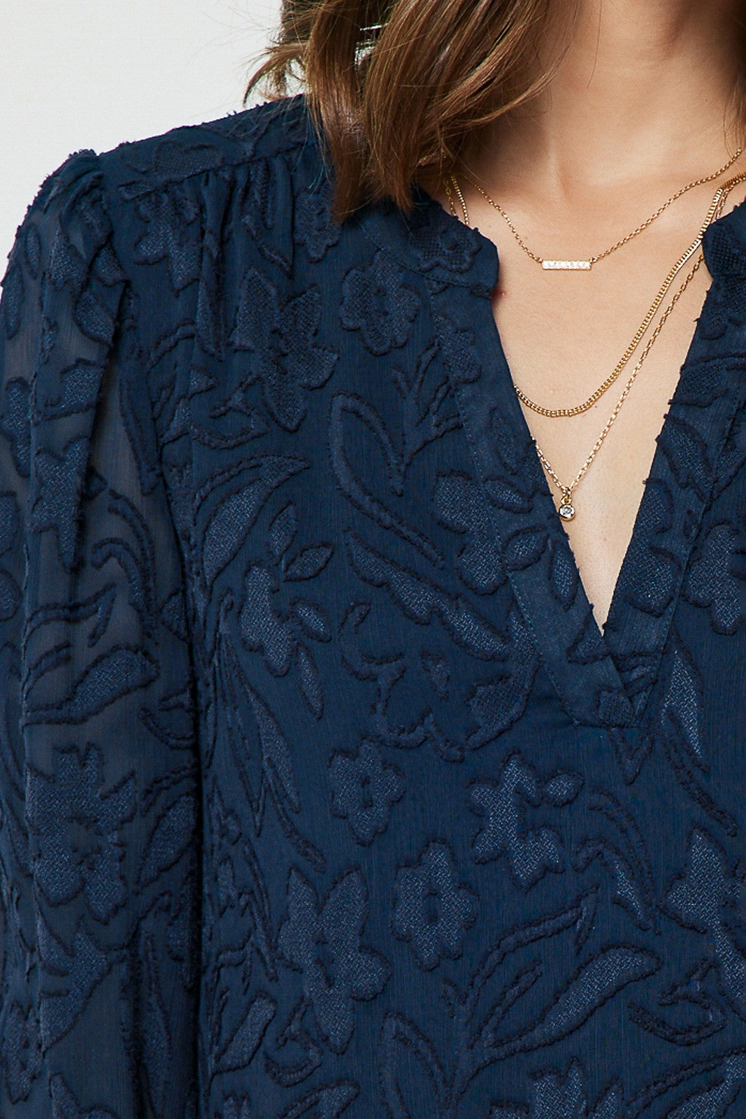 FLORAL JACQUARD SPLIT NECK BLOUSE
