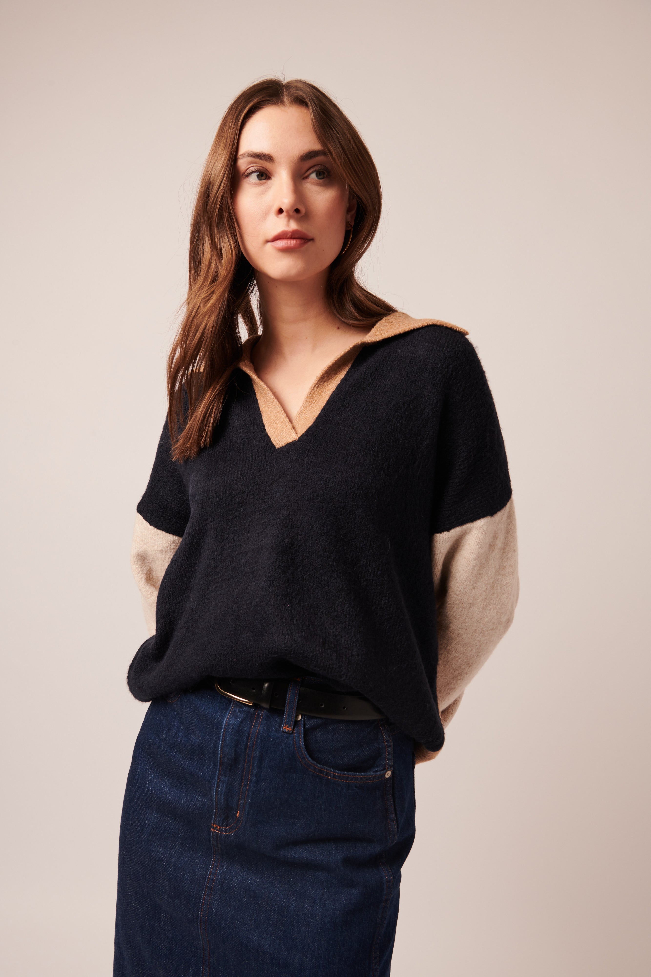 RAELYN COLOUR BLOCK JOHNNY COLLAR SWEATER