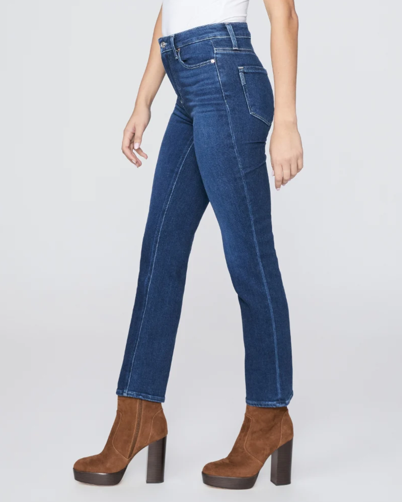 waist down side view of the cindy high rise straight jean from paige in dream weaver blue