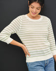 STRIPED OPEN STITCH 3/4 SLEEVE SWEATER