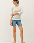 STRIPED OPEN STITCH 3/4 SLEEVE SWEATER