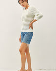 STRIPED OPEN STITCH 3/4 SLEEVE SWEATER