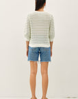 STRIPED OPEN STITCH 3/4 SLEEVE SWEATER