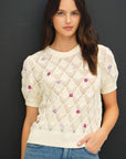 EMBROIDERED CROCHET PUFF SLEEVE SWEATER