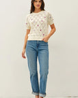 EMBROIDERED CROCHET PUFF SLEEVE SWEATER