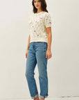 EMBROIDERED CROCHET PUFF SLEEVE SWEATER