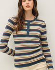 STRIPED HENLEY FINE KNIT SWEATER