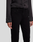 up close front view of the waist of the 7 for all mankind kimmie mid rise straight in rinse black, showing front pocket detail