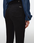 close up rear pocket view of 7 for all mankind's high waist slim kick jean in black 