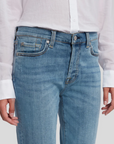 close up the front of 7 for all mankind josefina boyfriend fit jean in bright light broken twill blue, showing front pockets