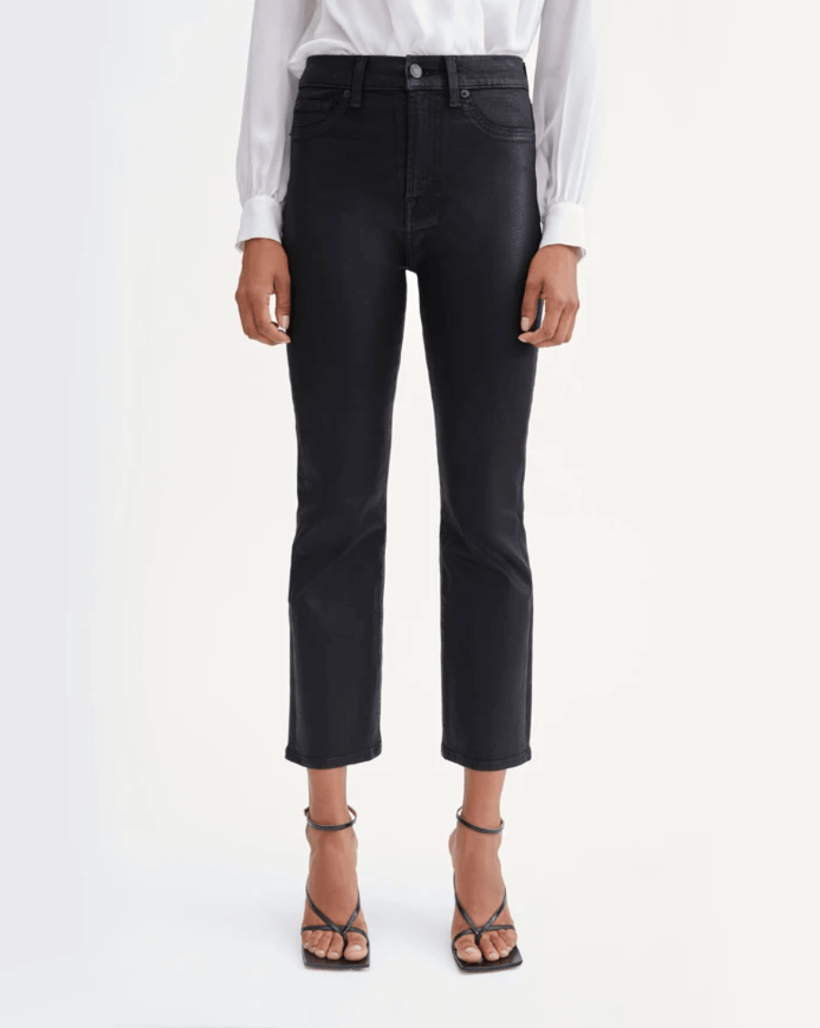 waist down front view of 7 for all mankind&#39;s high waist slim kick coated pant in black